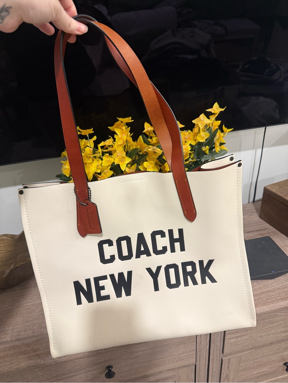 Coach Cream Leather Tote with Brown Straps and Black Logo